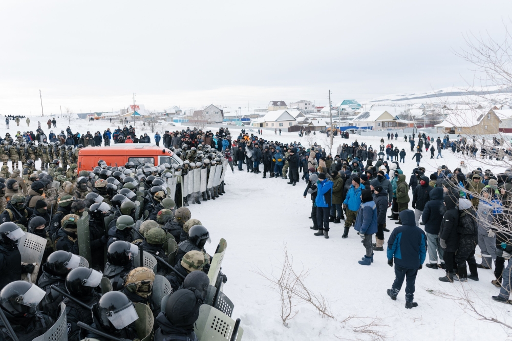 Riot policemen disperse protesters in the town of Baymak in Russia's central Bashkortostan region on January 17, 2024, after a court sentenced a local activist to four years in prison. — AFP pic 