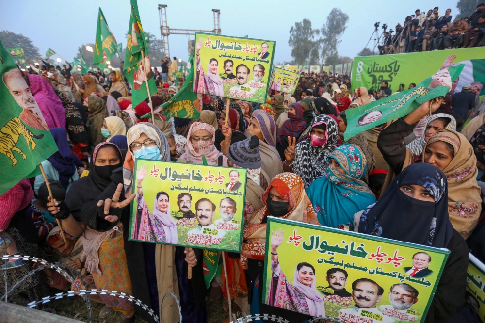 Pakistan Muslim League Nawaz (PMLN) party supporters attend an election campaign rally at Khanewal in Punjab province on January 19, 2024. As Khan grapples with the courts, three-time prime minister Nawaz Sharif has returned from self-imposed exile and seen his corruption cases dissolve — a sign analysts say he is the army’s favoured candidate. — AFP  pic