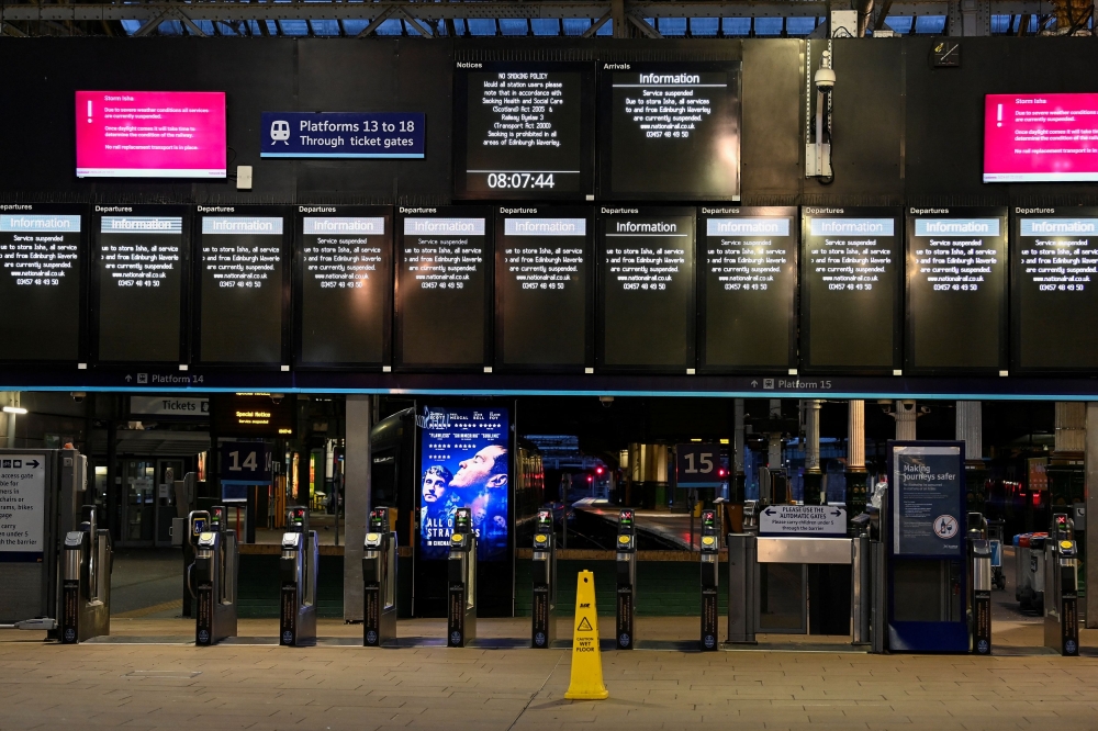 Information boards display delayed and cancelled train services at Edinburgh Waverley Station in the aftermath of Storm Isha in Edinburgh, Britain January 22, 2024. — Reuters pic