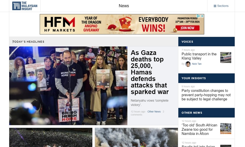 Online news portal The Malaysian Insight (TMI) has halted its operations today, as the site has not published any news stories today — with the English version’s last article at midnight. — Screencap from themalaysianinsight.com/