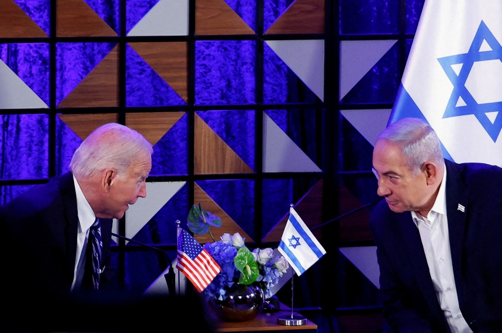 Netanyahu and US President Joe Biden have disagreed over the future creation of an independent Palestinian state, with Netanyahu saying at the weekend he would not compromise on 'full Israeli security control of all territory west of the Jordan River'. — Reuters pic