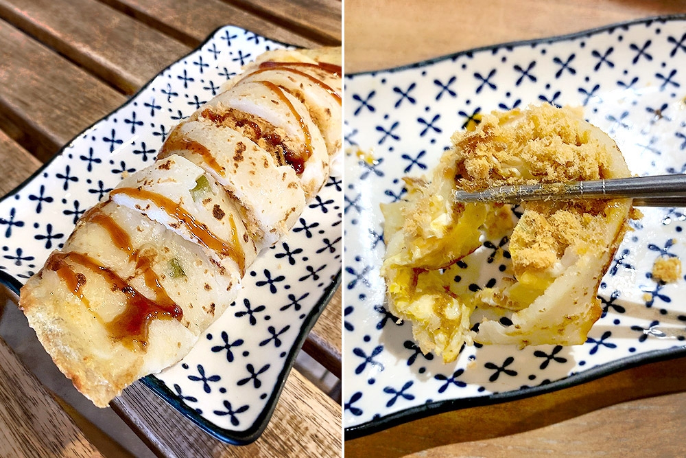 Freshly made Taiwanese style rolled egg crêpes or 'danbing' are a must-order item.