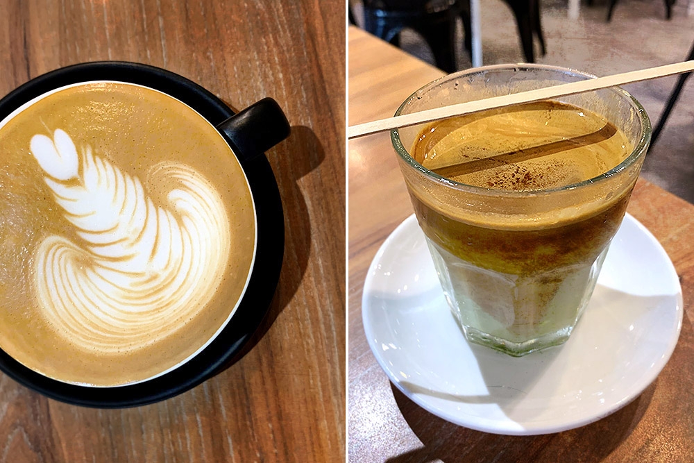 Coffee, hot or cold: latte (left) and Dirty (right).