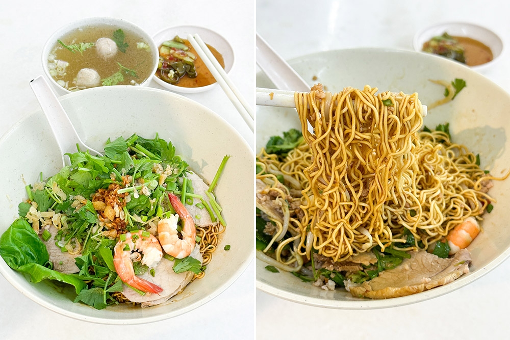 You can also enjoy the noodles served tossed with soy sauce (left). The egg noodles have a slight bite to them (right).