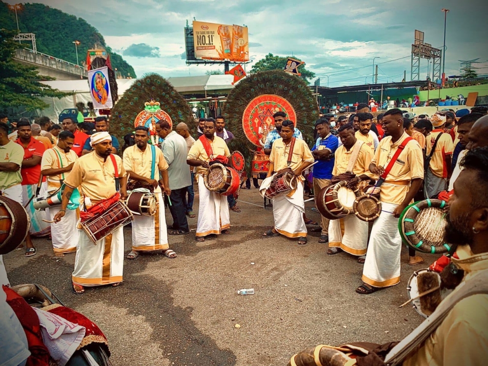The Siva Mathura Kaali Urumee Melam team performing during Thaipusam 2022 celebrations at Batu Caves. — Picture courtesy of Siva Mathura Kaali Urumee Melam