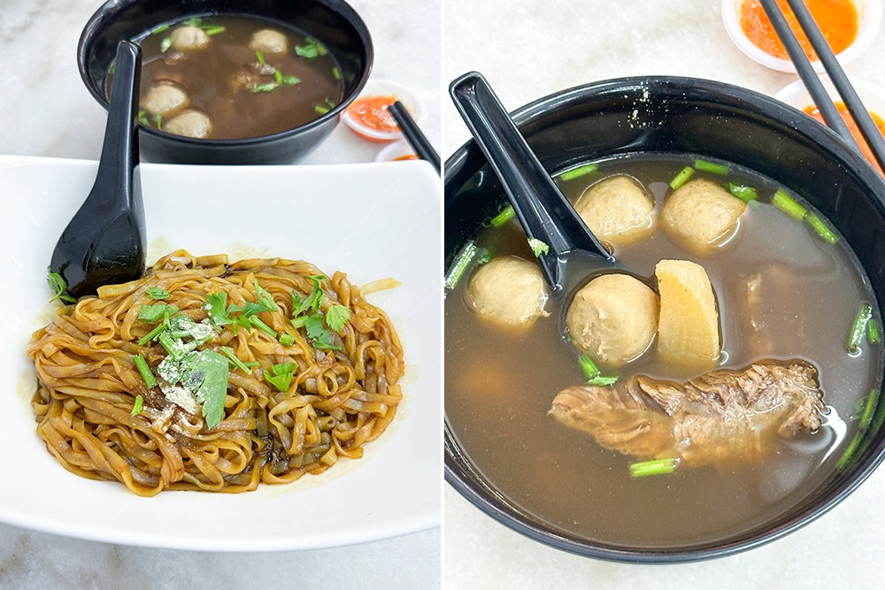 Get the dry version to enjoy the noodles tossed in a dark, sweet sauce (left). This bowl of hearty beef broth is filled with beef balls and beef brisket (right).