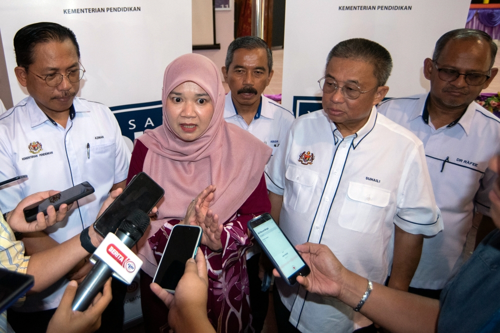 Education Minister Fadhlina Sidek speaks to reporters during her visit to SK Labuan January 26, 2024. ― Bernama pic