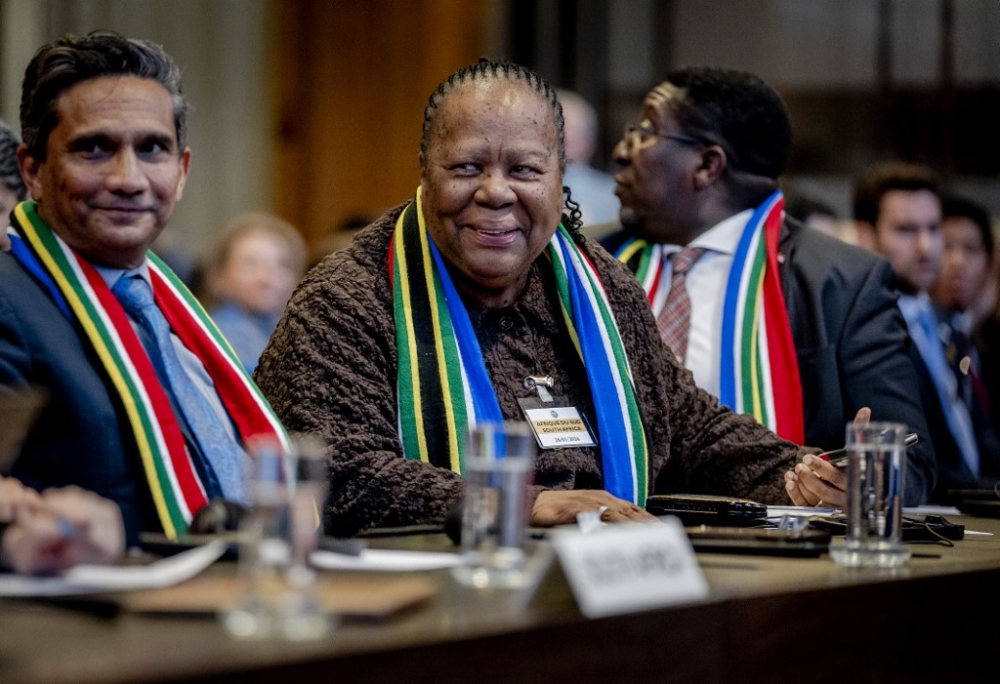 South African Minister of International Relations and Cooperation Naledi Pandor (centre) attends the verdict announcement of the International Court of Justice (ICJ) in the genocide case against Israel, brought by South Africa, in The Hague on January 26, 2024. — AFP pic