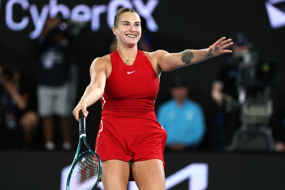 Belarus’ Aryna Sabalenka celebrates match point against China’s Zheng Qinwen during their women's singles final match on day 14 of the Australian Open tennis tournament in Melbourne on January 27, 2024. — AFP pic