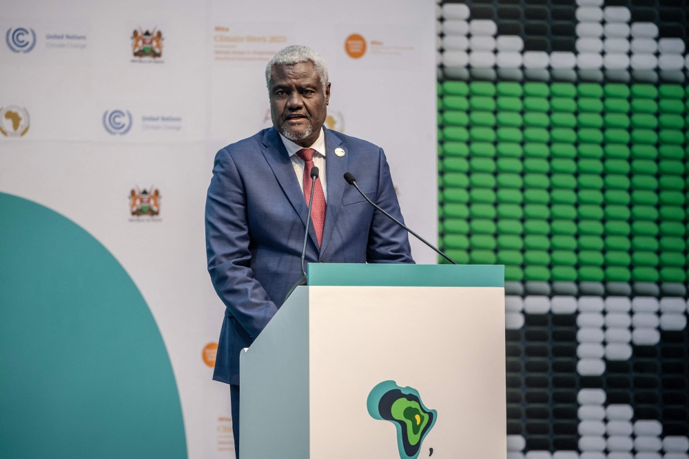 File photo of chairperson of the African Union Commission Moussa Faki Mahamat delivering his remarks during the Africa Climate Summit 2023 at the Kenyatta International Convention Centre in Nairobi on September 5, 2023. — AFP pic
