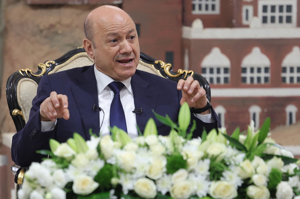 Chairman of the Yemeni Presidential Leadership Council Rashad al-Alimi speaks to reporters during a briefing at the embassy of Yemen in Riyadh, on January 27, 2024. — AFP pic