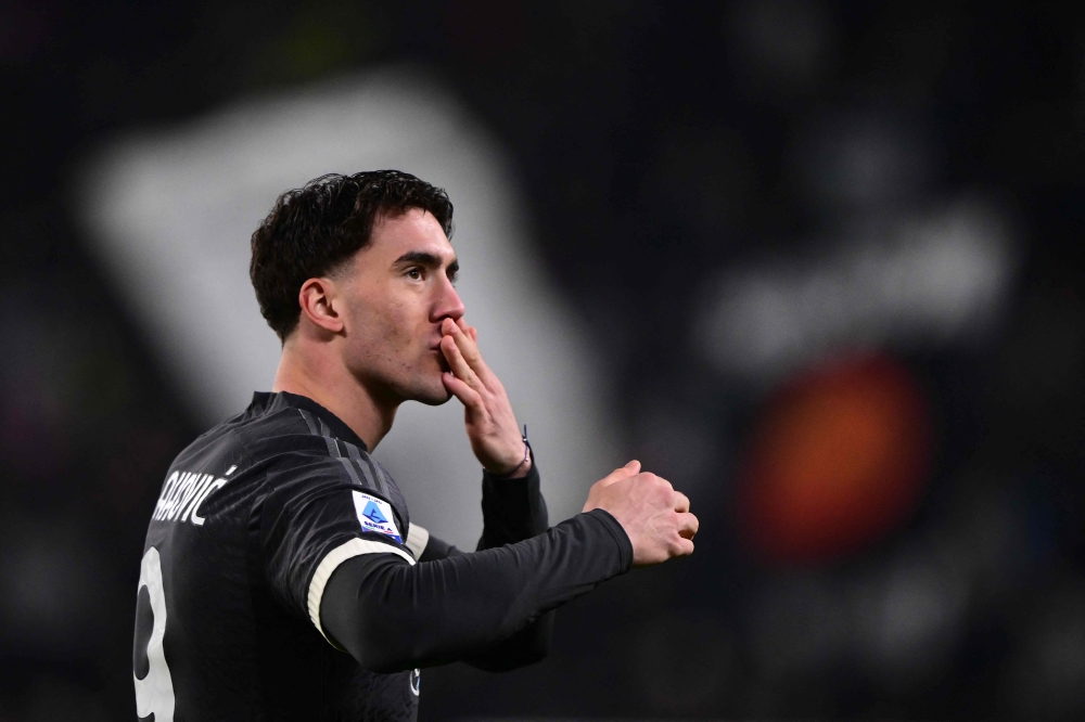 Juventus' Serbian forward #09 Dusan Vlahovic celebrates after scoring the team's first goal during the Italian Serie A football match between Juventus and Empoli, at The Allianz Stadium, in Turin on January 27, 2024. — AFP pic