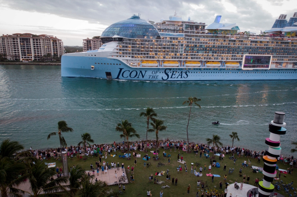 Royal Caribbean's 'Icon of the Seas', billed as the world's largest cruise ship, sails from the Port of Miami in Miami, Florida, on its maiden cruise, January 27, 2024. — AFP pic