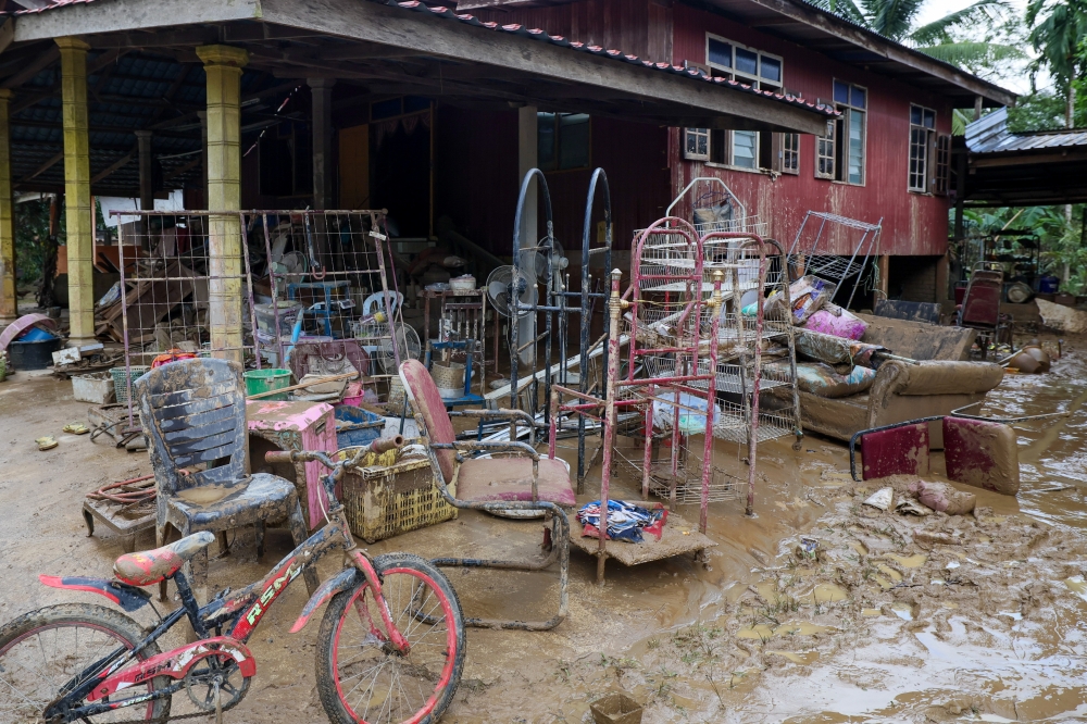 A view of mud-covered items are seen after the floods at Kampung Shukor in Dungun January 28, 2024. — Bernama pic