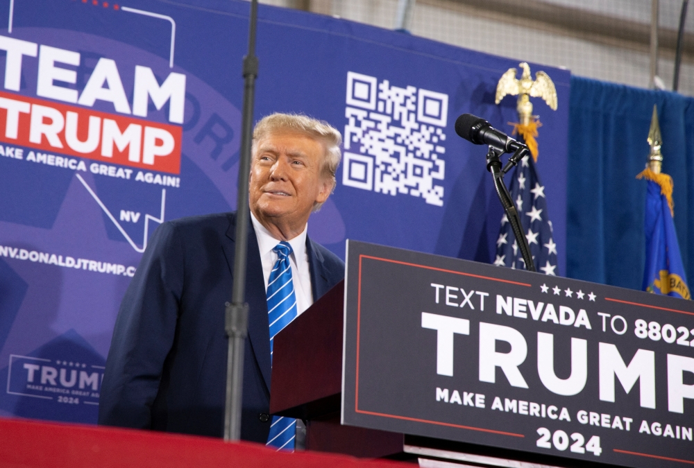 Republican presidential candidate and former US President Donald Trump speaks at a campaign rally ahead of the Republican caucus in Las Vegas, Nevada January 27, 2024. — Reuters pic  