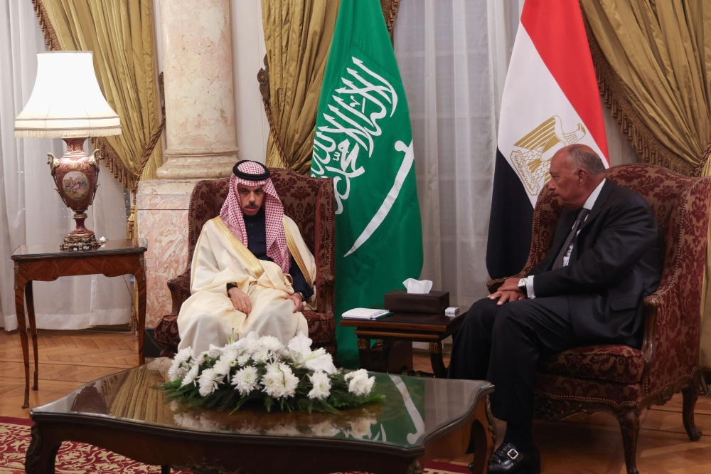 Saudi Arabia’s foreign minister, Prince Faisal bin Farhan Al Saud meets with his Egyptian counterpart Sameh Shoukry, in Cairo, Egypt January 28, 2024. — Reuters pic