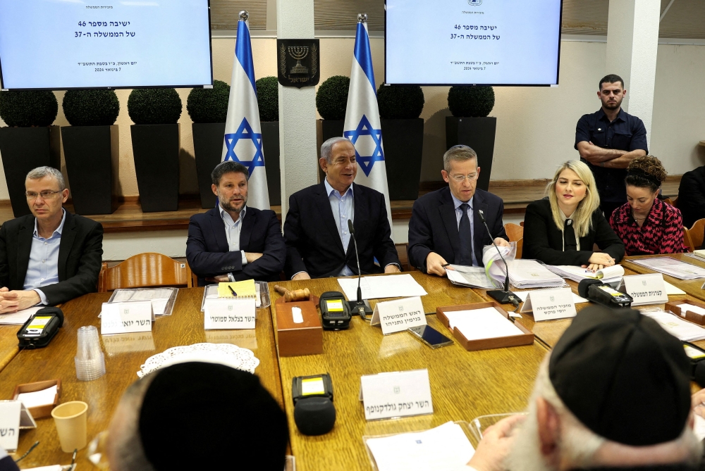 Israeli Prime Minister Benjamin Netanyahu speaks during the weekly cabinet meeting at the Defence Ministry in Tel Aviv, Israel, January 7, 2024. — Reuters pool pic