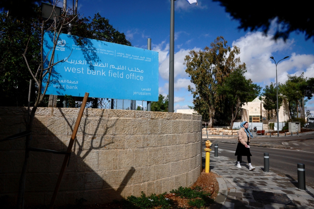 A sign sits at the West Bank field office complex of UNRWA, in the Sheikh Jarrah neighborhood of East Jerusalem, January 30, 2024. — Reuters pic