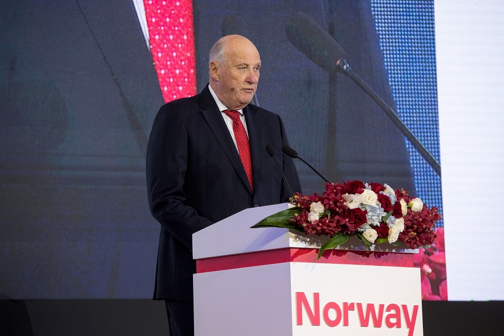 Norway's King Harald V speaks at the China-Norway Business Summit in Beijing October 16, 2018. King Harald has gone on sick leave until Friday due to a respiratory infection. — Reuters pic