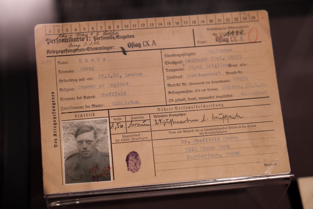 POW card details for future MP, Airey Neave, a prisoner of war as a Lieutenant in the Royal Engineers, who escaped from Colditz, are seen at the exhibition 'Great Escapes: Remarkable Second World War Captives'. — AFP pic