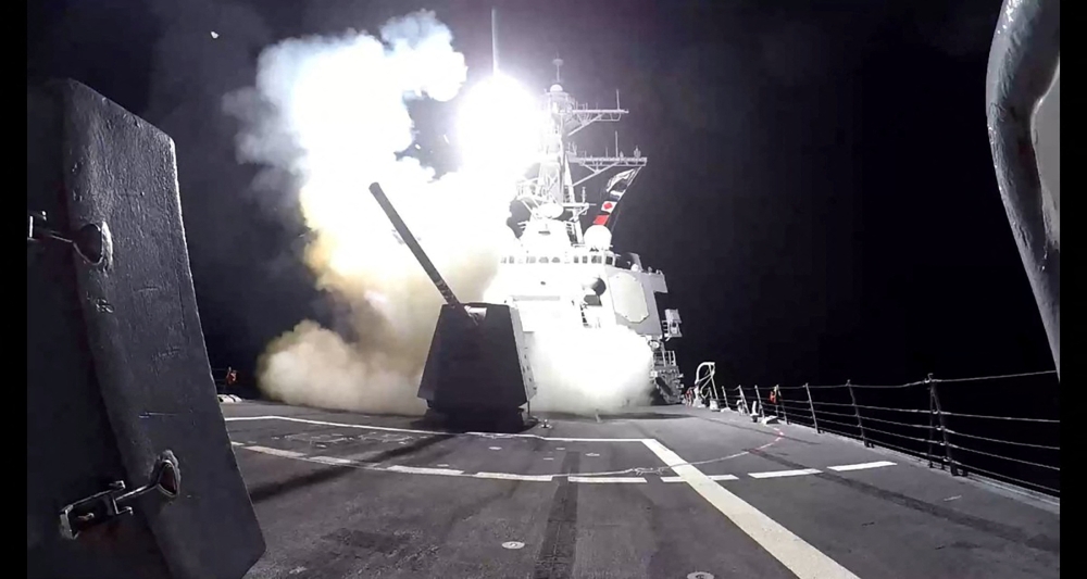 A Tomahawk land attack missile (TLAM) is launched from the US Navy Arleigh Burke-class guided missile destroyer USS Gravely against what the US military describe as Houthi military targets in Yemen, February 3, 2024. — Reuters pic