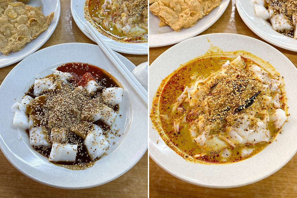 You can also enjoy the smooth rice rolls with brown sauce and a dash of chilli sauce (left). The curry version is mildly spicy but fragrant (right).