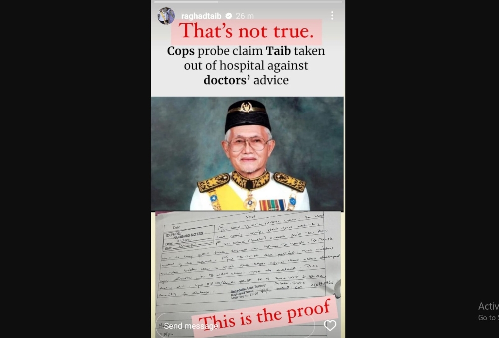 A screenshot from Raghad’s Instagram story showing what appears to be a handwritten note from a hospital staff that was labelled, ‘This is the proof’. — Borneo Post pic 
