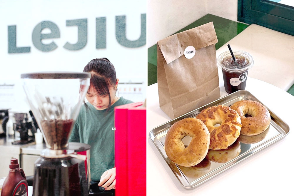 Barista making espresso for LeJiu’s Winericano, which pairs well with their bagels.