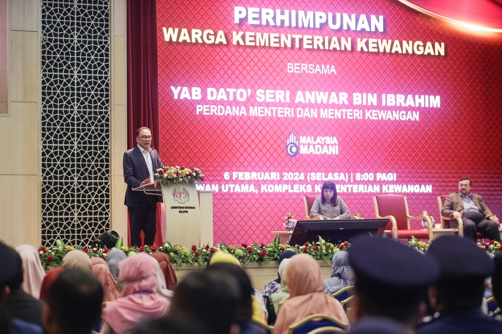 Prime Minister Datuk Seri Anwar Ibrahim speaks during the monthly gathering of the Ministry of Finance in Putrajaya February 6, 2024. ― Picture by Sayuti Zainudin
