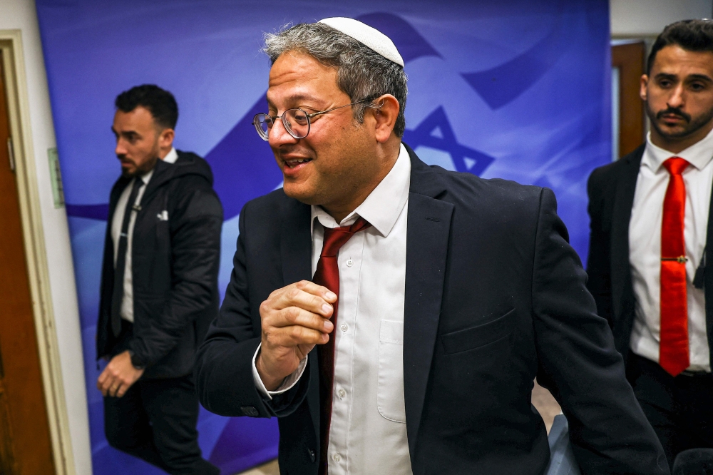 Israel's National Security Minister Itamar Ben-Gvir apologised for his son's insulting post about the US president. — Ronen Zvulun/Pool/AFP pic