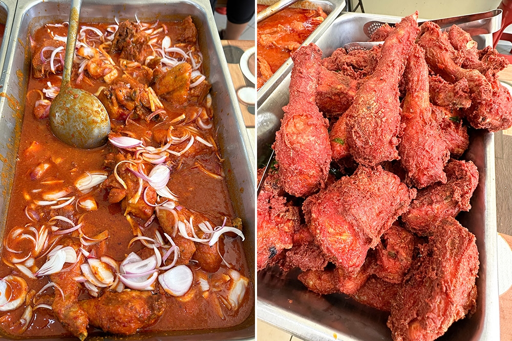 The 'ayam masak merah' has a mildly spicy sauce (left). 'Ayam goreng' is also found here (right).