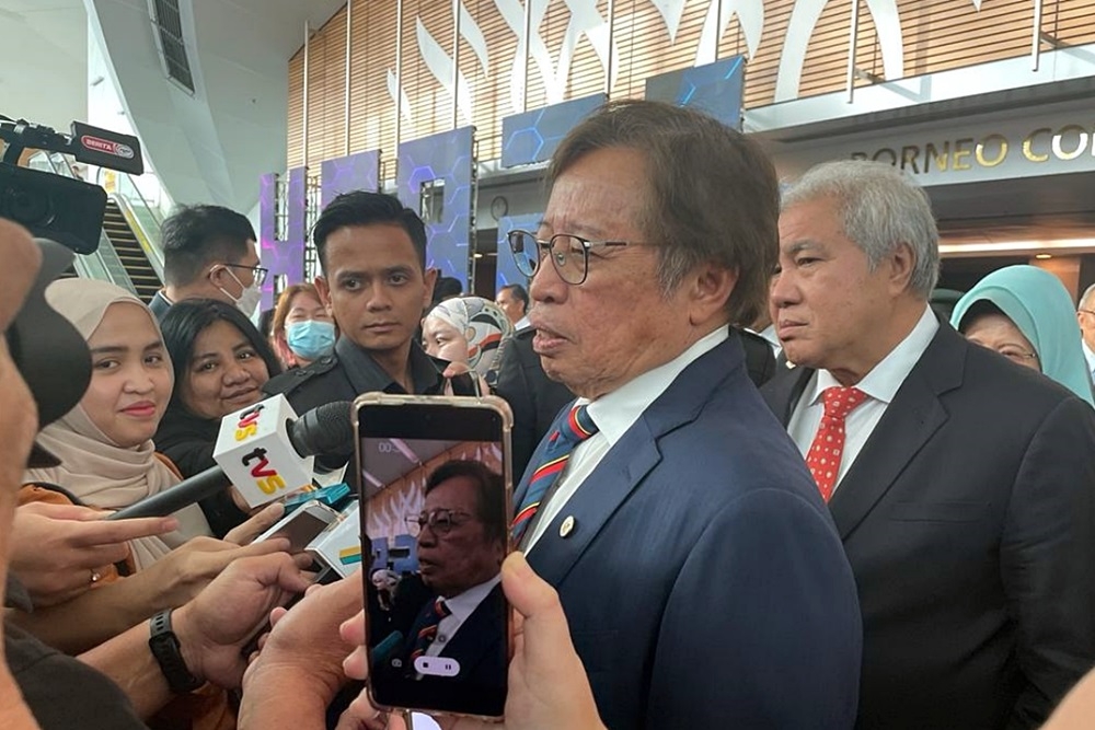 Sarawak Premier Tan Sri Abang Johari Openg speaks to reporters at the BCCK February 7, 2024. — Borneo Post pic