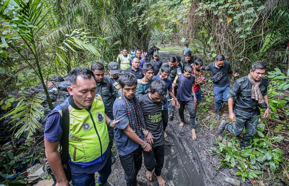 Perak police managed to recapture seven Rohingya detainees who escaped from the Bidor temporary immigration depot at an oil palm estate near the southbound Tapah rest area February 7, 2024. — Picture by Farhan Najib
