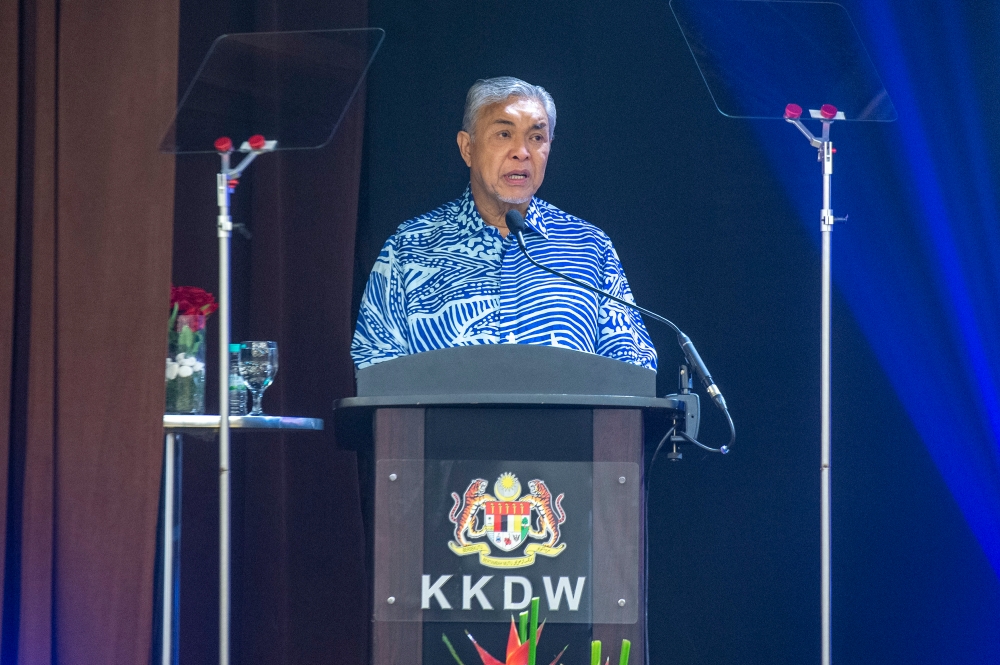 Deputy Prime Minister Datuk Seri Ahmad Zahid Hamidi speaks during the Monthly Assembly of the Ministry of Rural and Regional Development in Putrajaya February 8, 2024. — Picture by Shafwan Zaidon
