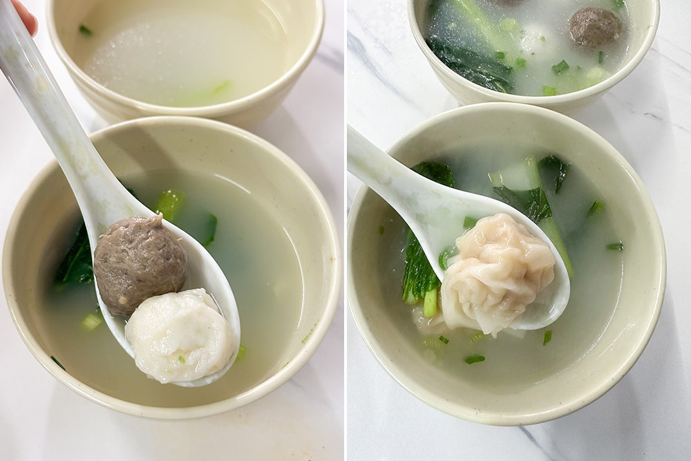 Beef tendon ball and cuttlefish ball are handmade and even sold frozen (left). The ‘wantans’ are stuffed with prawns and minced pork (right).