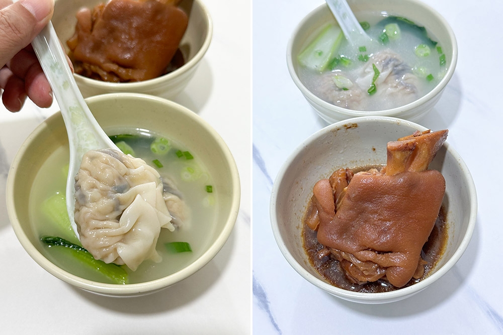 Dumplings have wood ear fungus for some crunch (left). Braised pork trotters are gelatinous and marinated in red fermented beancurd (right).