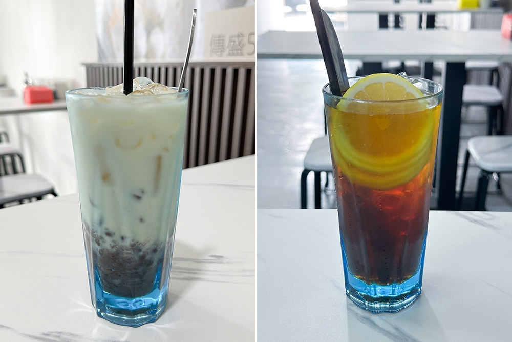 Cool down with their Red Bean Ice for a refreshing drink (left). HK style Lemon Tea is served with a generous number of sliced lemon (right).
