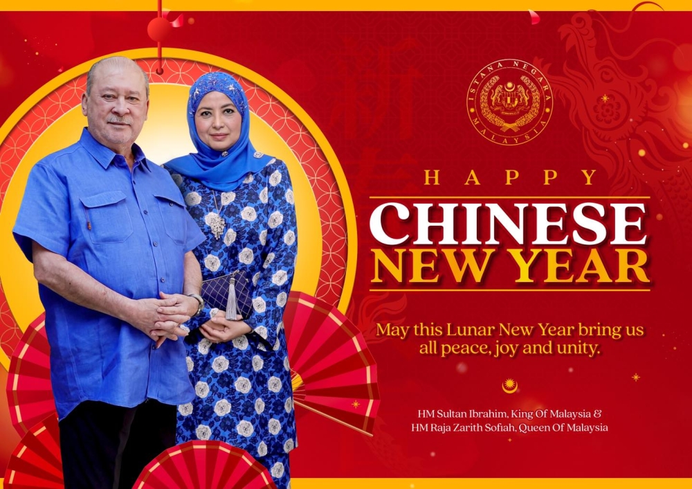 In a post on Sultan Ibrahim's official Facebook account, Their Majesties also expressed hope that the festivities of Chinese New Year will further bolster unity among Malaysians, irrespective of their race, religion or culture. — Picture via Facebook/Sultan Ibrahim Sultan Iskandar 