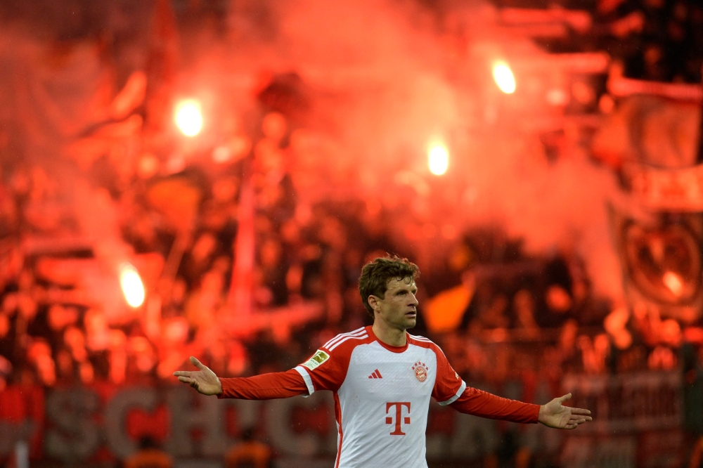 Bayern Munich's German forward #25 Thomas Mueller gestures during the German first division Bundesliga football match between Bayer 04 Leverkusen and FC Bayern Munich in Leverkusen, western Germany on February 10, 2024. — AFP pic