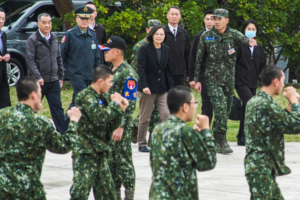Taiwan’s President Tsai Ing-wen watches conscripts undergo training at a military base in Hsinchu on February 6, 2024, during an inspection of the troops ahead of the Lunar New Year. — AFP pic