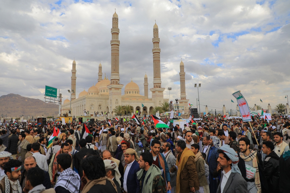 Demonstrators rally in the Houthi-run capital Sanaa on February 9, 2024 in support of the Palestinians. — AFP pic