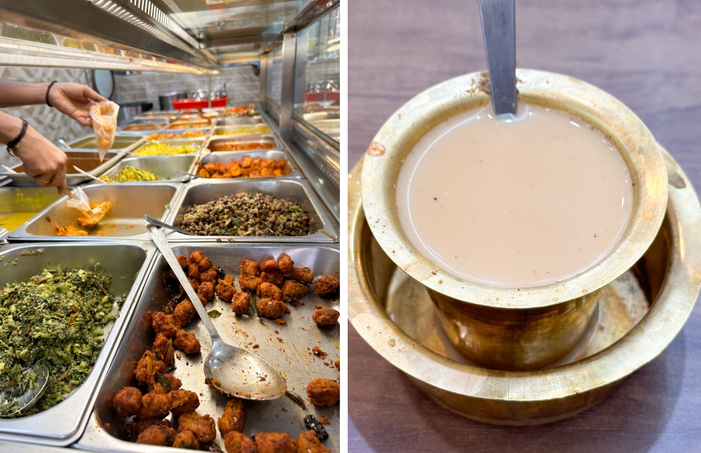 Select what you want from the counter to dine in or take away (left). End the meal with this fragrant masala tea with fresh cow milk (right).