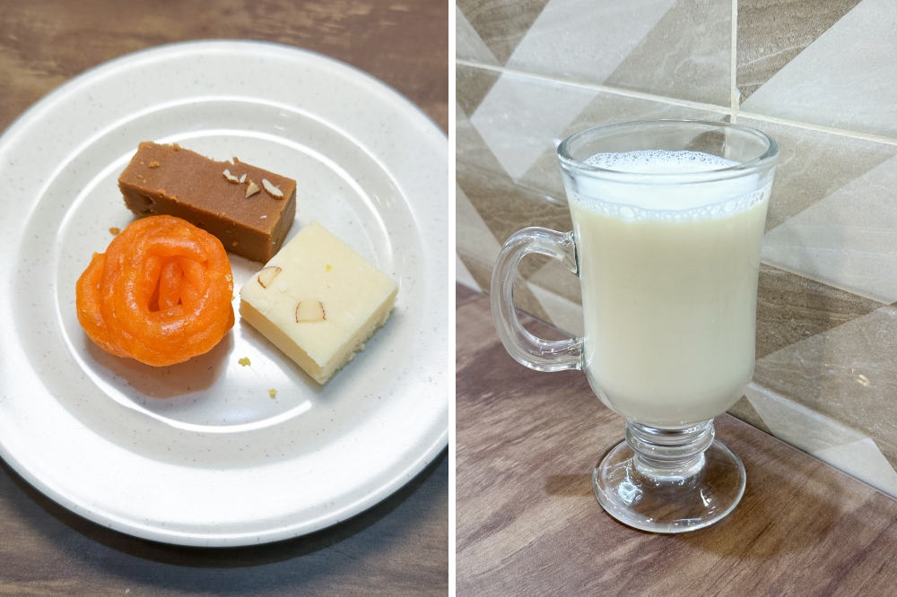 The sweets come in mini sizes hence you get to try a little of everything (left). The highlight is the fresh, rich tasting cow milk best served warm (right).