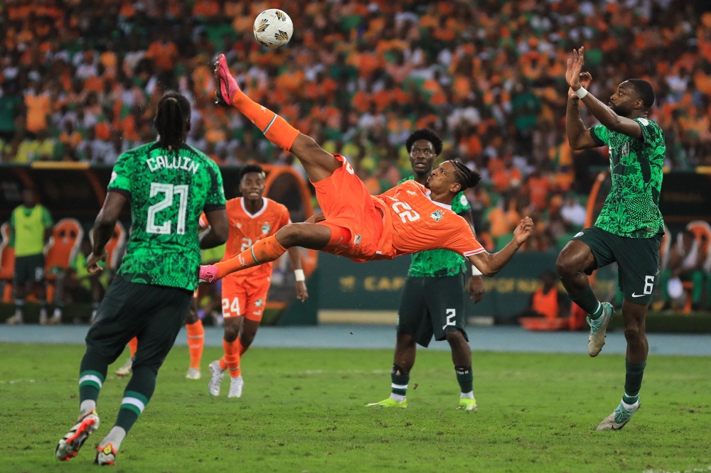 Ivory Coast's forward #22 Sebastien Haller shoots but fails to score during the Africa Cup of Nations (CAN) 2024 final football match between Ivory Coast and Nigeria at Alassane Ouattara Olympic Stadium in Ebimpe, Abidjan February 11, 2024. — AFP pic 