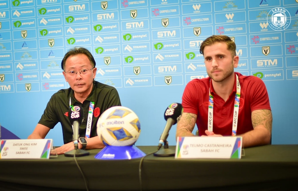 (From left) Sabah FC Head Coach Datuk Ong Kim Swee and midfielder Telmo Castanheira speak during a pre-match press conference at Campbelltown Sports Stadium, Sydney February 12, 2024. — Picture courtesy of Sabah FC 