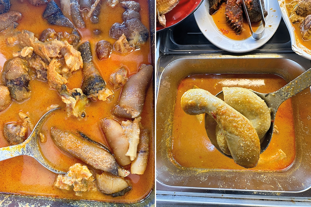 'Gulai tunjang' is a mix of tendons with cow feet cooked in a creamy 'gulai' (left). It's not every day you see 'tembusu' or stuffed cow intestine in the spread of dishes (right).