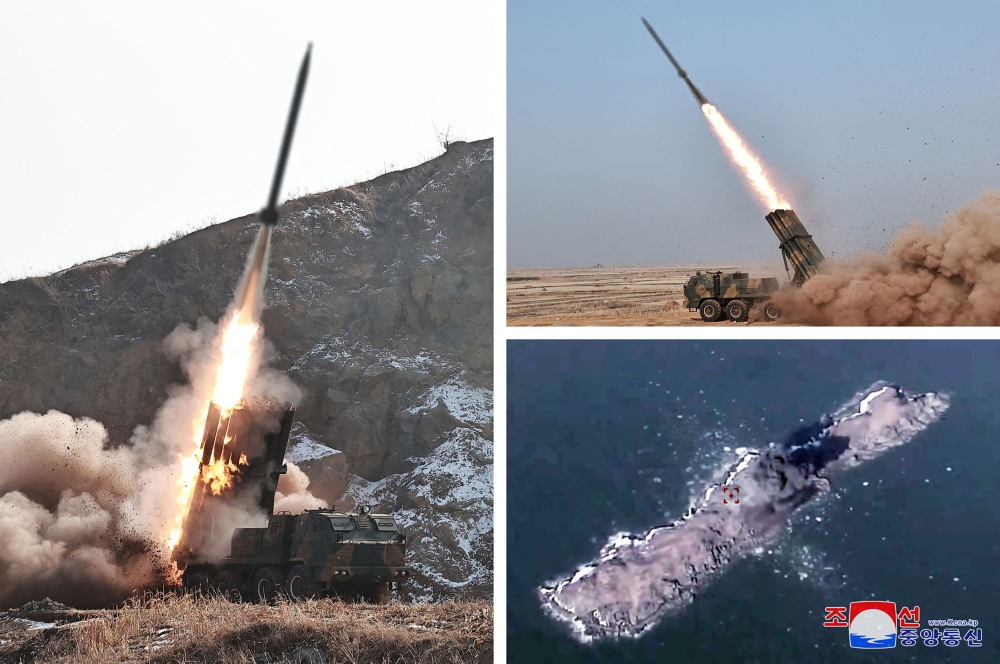 This combination of pictures taken on February 11, 2024 and released from North Korea's official Korean Central News Agency (KCNA) on February 12, 2024 shows The Academy of Defence Science conducting a ballistic control test firing of a 240 mm-caliber controllable multiple rocket launcher, at an undisclosed location in North Korea.— KCNA VIA KNS / AFP pix