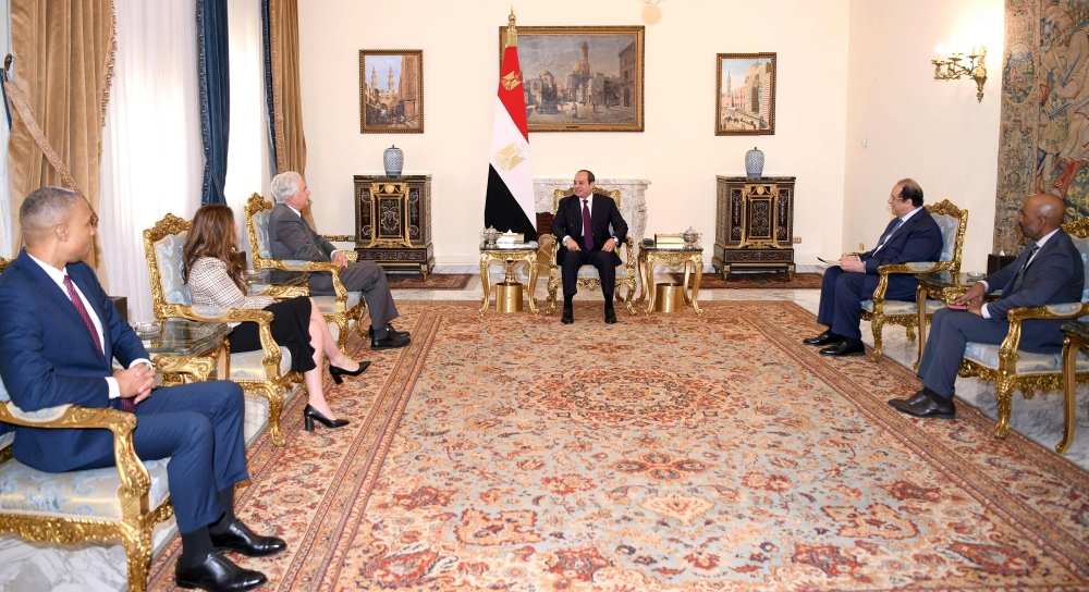 A handout picture released by the Egyptian Presidency shows Egyptian President Abdel Fattah al-Sisi (right) meeting with CIA director William Burns (centre-left) at Ittihadiya Palace in Cairo, on February 13, 2024. — AFP pic