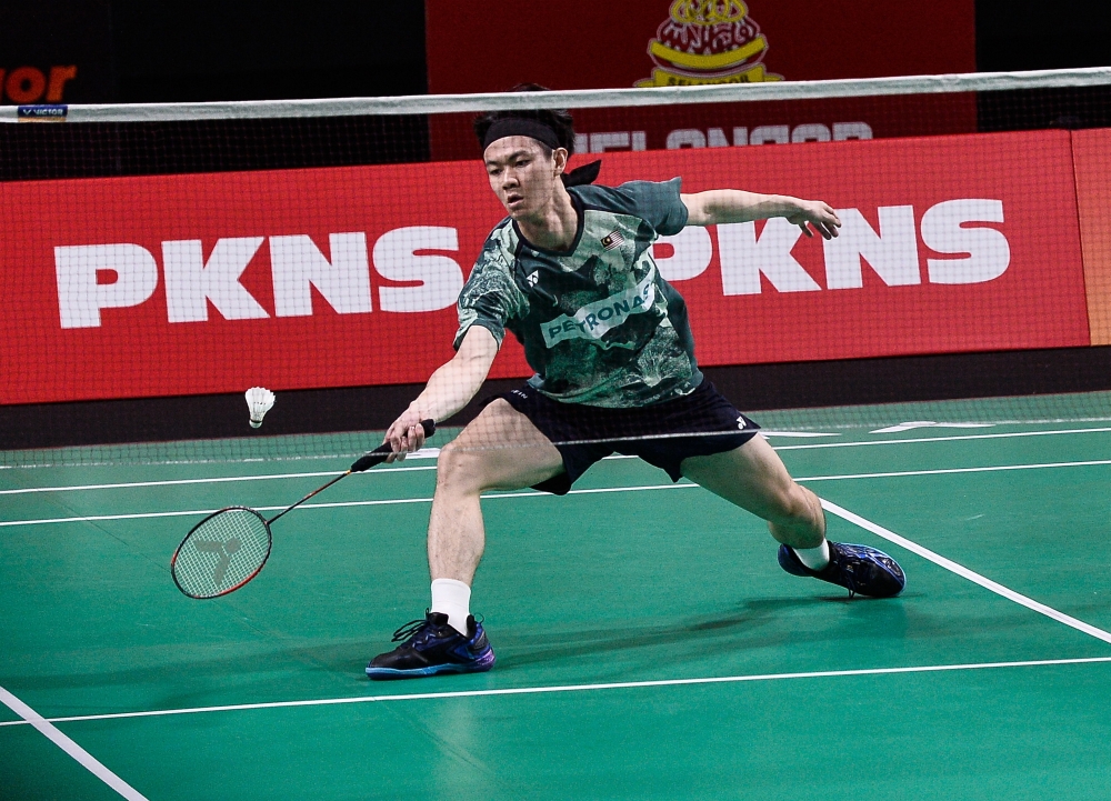 National men’s singles shuttler Lee Zii Jia is seen in action against Kazakhstan’s Dmitriy Panarin at the Setia City Convention Centre February 14, 2024. — Bernama pic