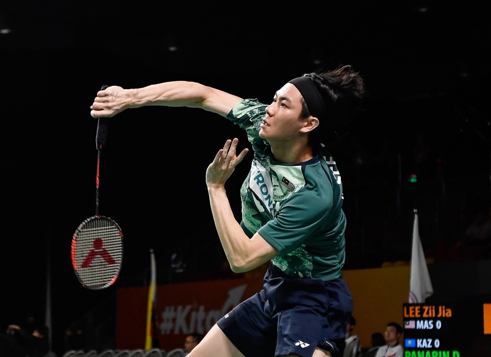 National men’s singles shuttler Lee Zii Jia is seen in action against Kazakhstan’s Dmitriy Panarin at the Setia City Convention Centre February 14, 2024. — Bernama pic